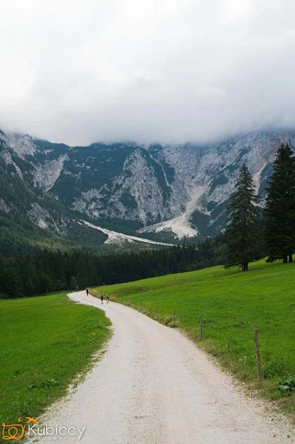 Kręta żwirowa ścieżka prowadzi przez zieloną łąkę w kierunku zalesionych gór, częściowo pokrytych nisko wiszącymi chmurami. W oddali, pod zachmurzonym niebem, przechadza się kilka osób. - Kubiccy Fotografia - Fotograf Łódź