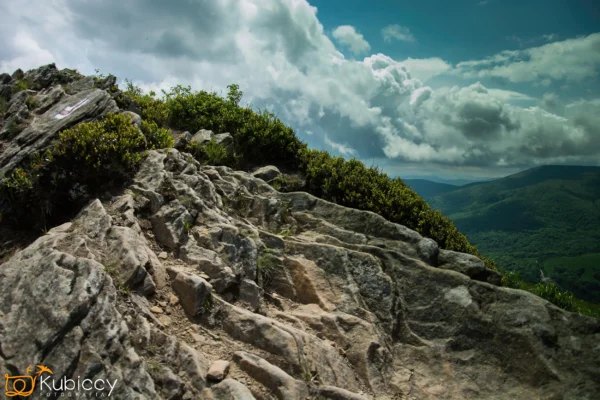 Skalisty górski szlak z poszarpanymi kamieniami i plamami zielonych krzewów, z widokiem na falujące wzgórza pod częściowo zachmurzonym niebem. Widok jest rozległy, a światło słoneczne przebija się przez chmury. - Kubiccy Fotografia - Fotograf Łódź
